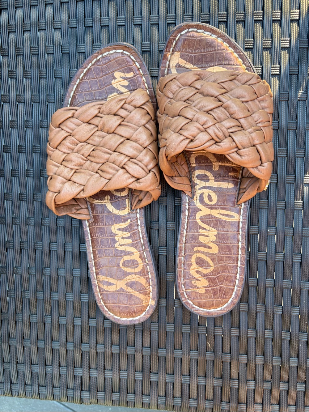 Sam Edelman Griffin Woven Leather Flat Slide Sandals Brown – Size 8.5